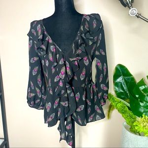 Women's Peacock Feather Long Sleeves V-neckline Cascading Ruffle Zipper Blouse